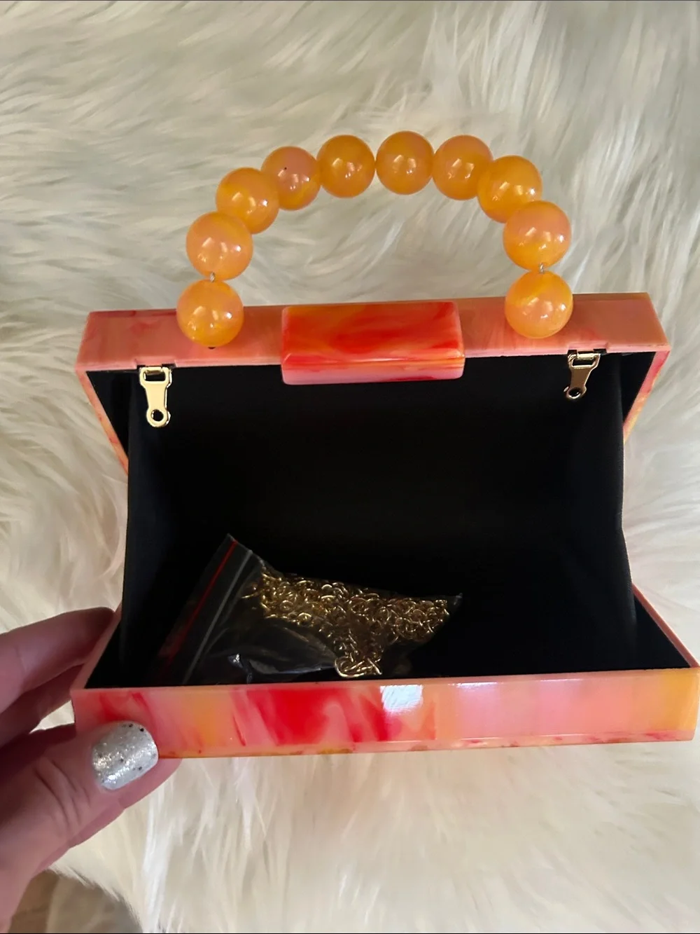 NWT Marbled Orange-Pink Acrylic Top-Handle Clutch w/ chain